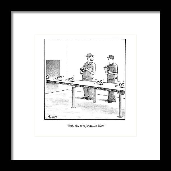 Factories Framed Print featuring the drawing Assembly Line Worker Trying On 'groucho Marx' by Harry Bliss