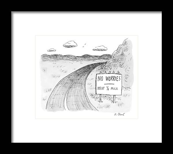 Road Signs Framed Print featuring the drawing At The Side Of A Stretch Of Rural Road by Roz Chast