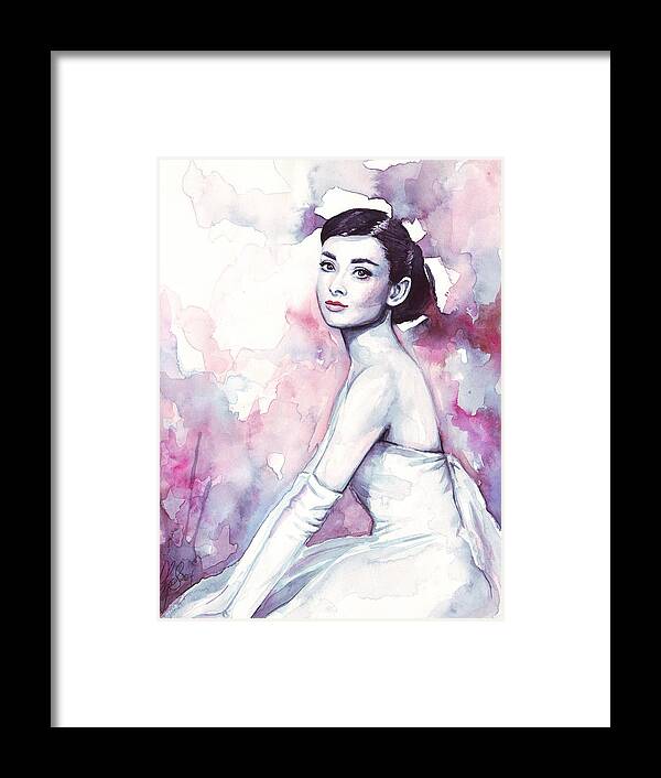 Fashion Watercolor Framed Print featuring the painting Audrey Hepburn Portrait by Olga Shvartsur