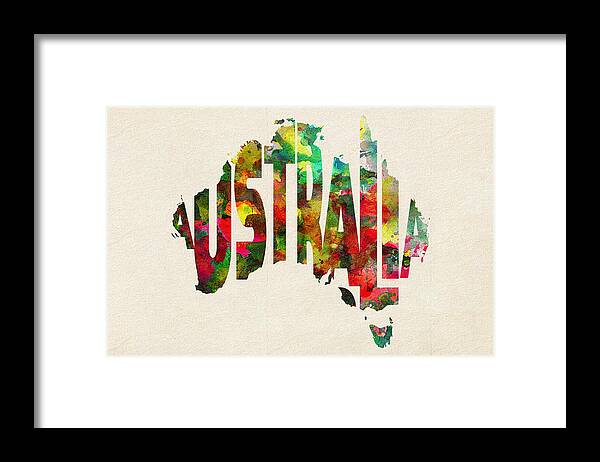 Australia Framed Print featuring the painting Australia Typographic Watercolor Map by Inspirowl Design
