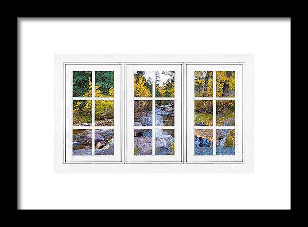 Windows Framed Print featuring the photograph Autumn Creek White Picture Window Frame View by James BO Insogna