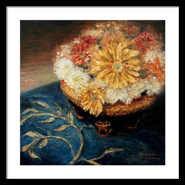 Chrysanthemum Framed Print featuring the painting Autumn Fowers by Sompaseuth Chounlamany
