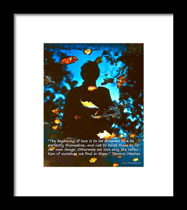 Autumn Leaves Framed Print featuring the mixed media Autumn Leaves Art Fantasy in Water Reflections with Thomas Merton's quote by Alex Khomoutov