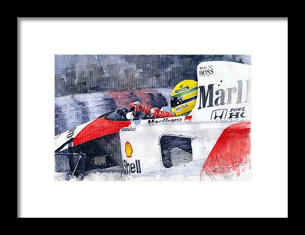 Watercolor Framed Print featuring the painting Ayrton Senna McLaren 1991 Hungarian GP by Yuriy Shevchuk