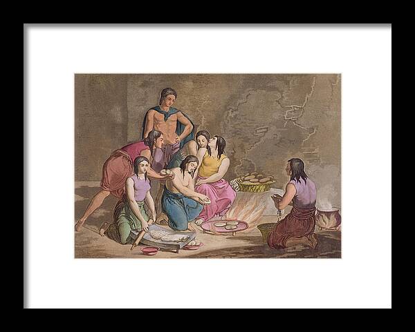 Giulio Framed Print featuring the drawing Aztec Women Making Maize Bread, Mexico by Gallo Gallina
