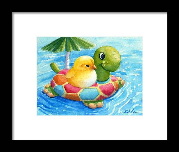 Baby Chick Framed Print featuring the painting Baby Chick in a Swimming Pool by Janet Zeh
