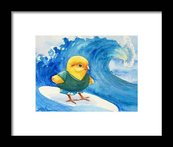 Baby Chick Surfing Framed Print featuring the painting Baby Chick Surfing by Janet Zeh