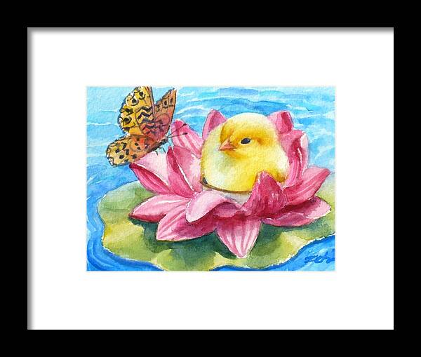 Baby Chick Art Framed Print featuring the painting Baby Chick Water Lily Float by Janet Zeh