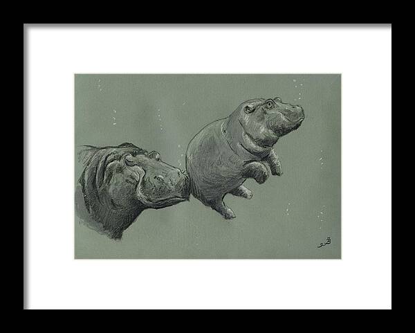 Hippo Framed Print featuring the painting Baby hippo by Juan Bosco