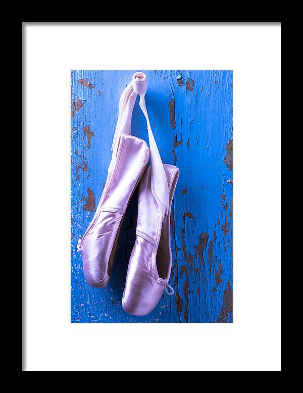 Ballet Shoes Shoe Framed Print featuring the photograph Ballet shoes on blue wall by Garry Gay