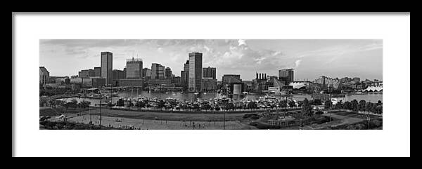 Baltimore Skyline Framed Print featuring the photograph Baltimore Harbor Skyline Panorama BW by Susan Candelario