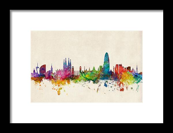 Barcelona Framed Print featuring the digital art Barcelona Spain Skyline by Michael Tompsett