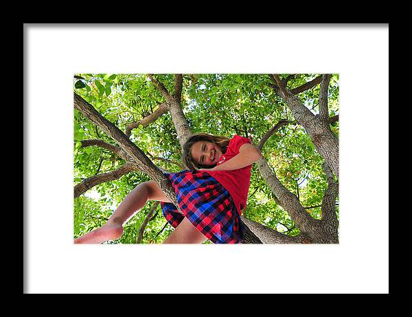 Three Quarter Length Framed Print featuring the photograph Barefoot Girl In Tree by Mitch Diamond