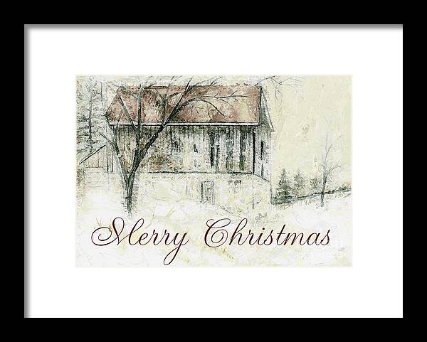 Barn Framed Print featuring the mixed media Barn in Snow Christmas Card by Claire Bull