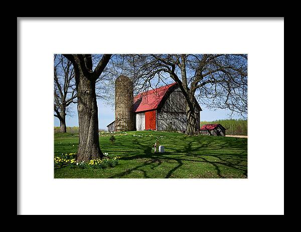 Barn Framed Print featuring the photograph Barn with Silo in Springtime by Mary Lee Dereske