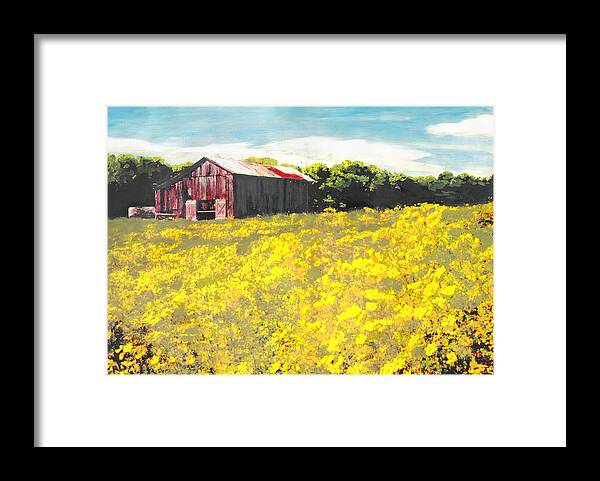 Fine Art Framed Print featuring the painting Barn Yellow Spring Fields Maryland Landscape Fine Art Painting by G Linsenmayer