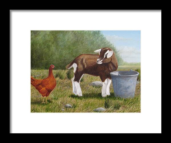 Goat And Chicken Framed Print featuring the painting Barnyard Talk by Tammy Taylor