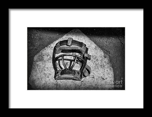 Paul Ward Framed Print featuring the photograph Baseball Catchers Mask Vintage in black and white by Paul Ward