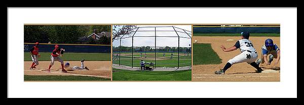 Composite Framed Print featuring the photograph Baseball Playing Hard 3 Panel Composite 01 by Thomas Woolworth