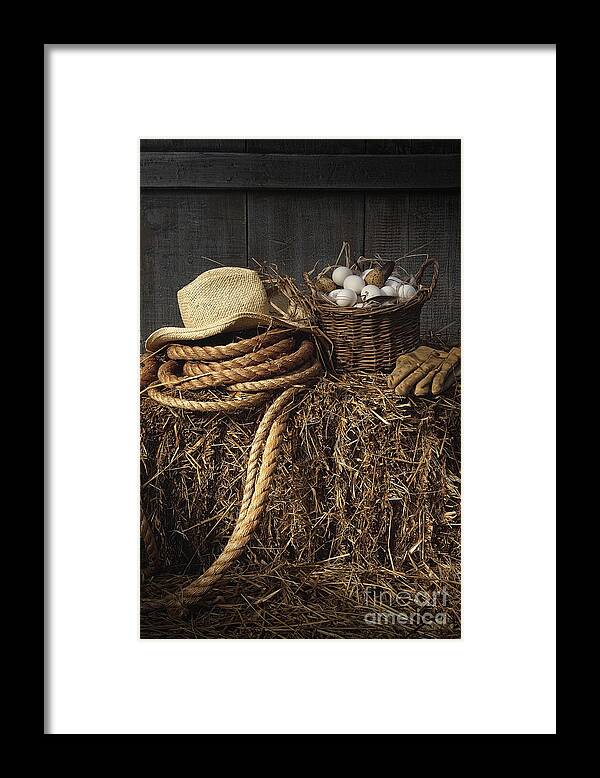 Agriculture Framed Print featuring the photograph Basket of eggs on straw in the barn by Sandra Cunningham