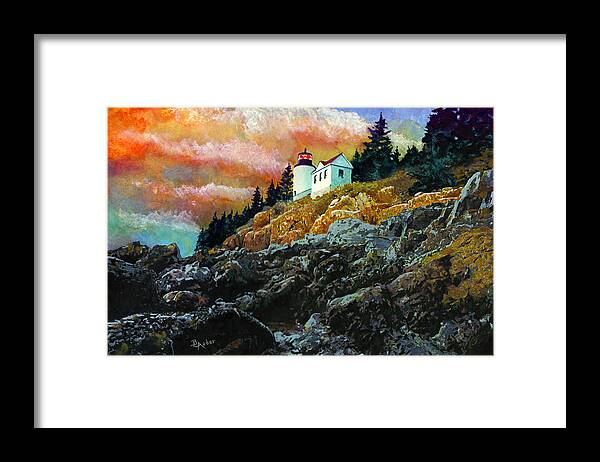 Bass Harbor Framed Print featuring the painting Bass Harbor Lighthouse Sunset by Brent Ander