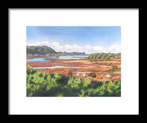 Batiquitos Framed Print featuring the painting Batiquitos Lagoon Carlsbad California by Mary Helmreich