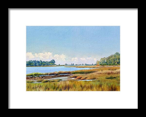 Batiquitos Framed Print featuring the painting Batiquitos Lagoon Marshland by Mary Helmreich