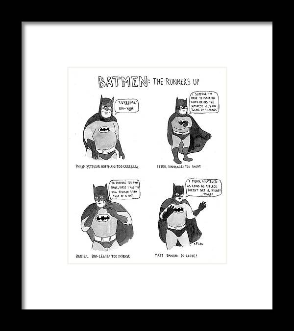 Batmen: The Runners-up Framed Print featuring the drawing Batmen Runners by Emily Flake