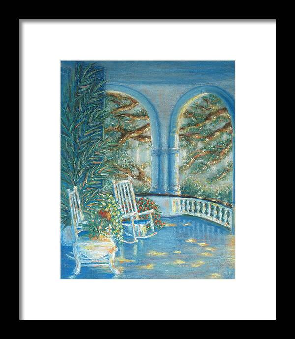 Charleston Framed Print featuring the pastel Battery View at Sunset at Two Meeting Street Inn of Charleston SC by Pamela Poole