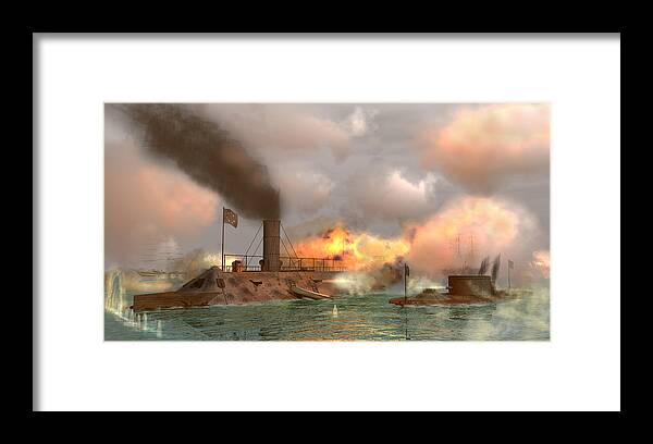 Civil War Framed Print featuring the digital art Battle of the Ironclads by Walter Colvin