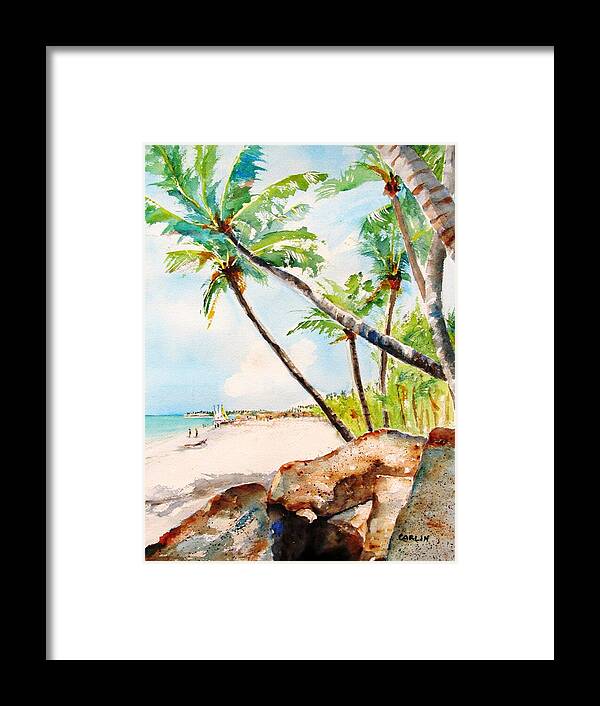 Tropical Beach Framed Print featuring the painting Bavaro Tropical Sandy Beach by Carlin Blahnik CarlinArtWatercolor