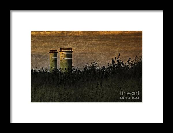 Delaware Photographs Framed Print featuring the photograph Beach Guard Towers at Dusk by Gene Bleile Photography 