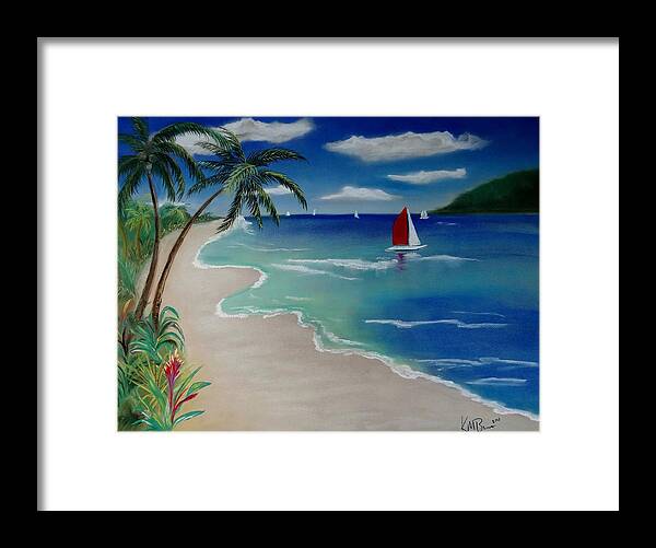 Seascape Paintings Framed Print featuring the painting Beach with Sailboat by Kevin Brown
