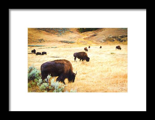 Buffalo Framed Print featuring the digital art Beasts of Yellowstone by Lori Dobbs