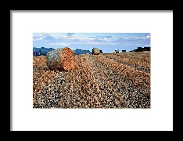 Landscape Framed Print featuring the photograph Beautiful golden hour hay bales sunset landscape by Matthew Gibson