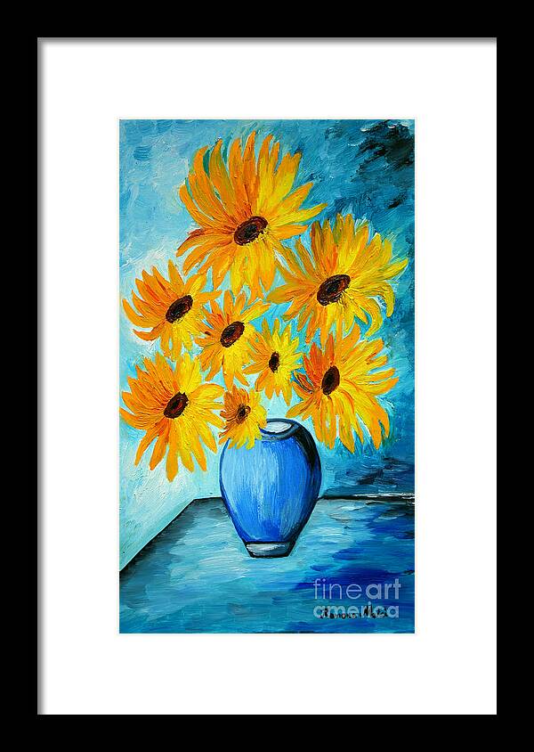 Sunflowers Framed Print featuring the painting Beautiful Sunflowers in Blue Vase by Ramona Matei