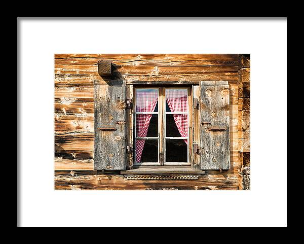 Window Framed Print featuring the photograph Beautiful window wooden facade of a Chalet in Switzerland by Matthias Hauser