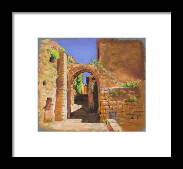 France Luberon Medieval Archway Landscape Old Buildings Ivy Ancient Framed Print featuring the pastel Beckon by Brenda Salamone