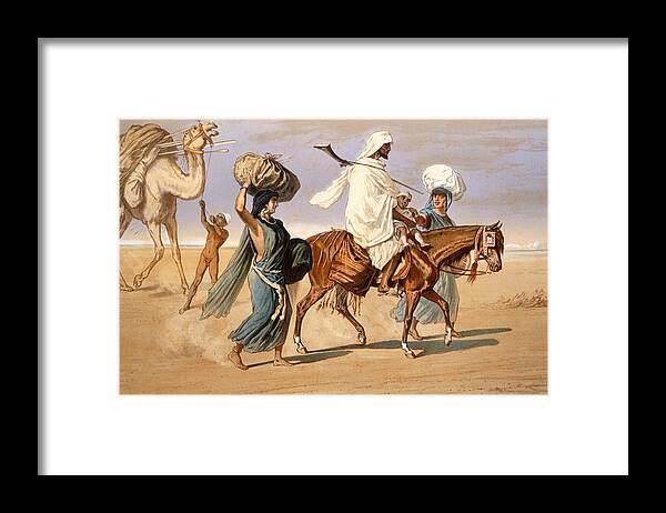 Horse Framed Print featuring the painting Bedouin family travels across the desert by Henri de Montaut