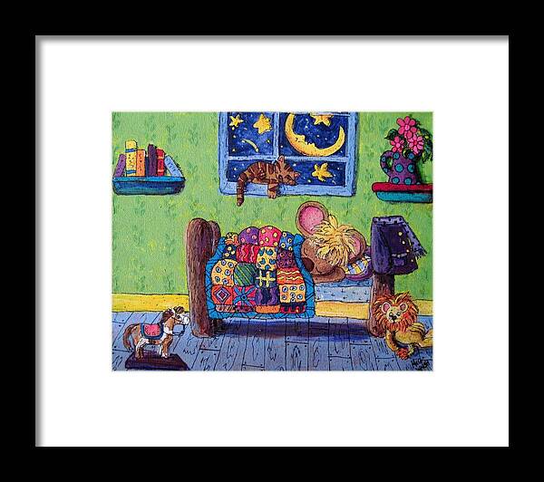 Cartoons Framed Print featuring the painting Bedtime mouse by Megan Walsh