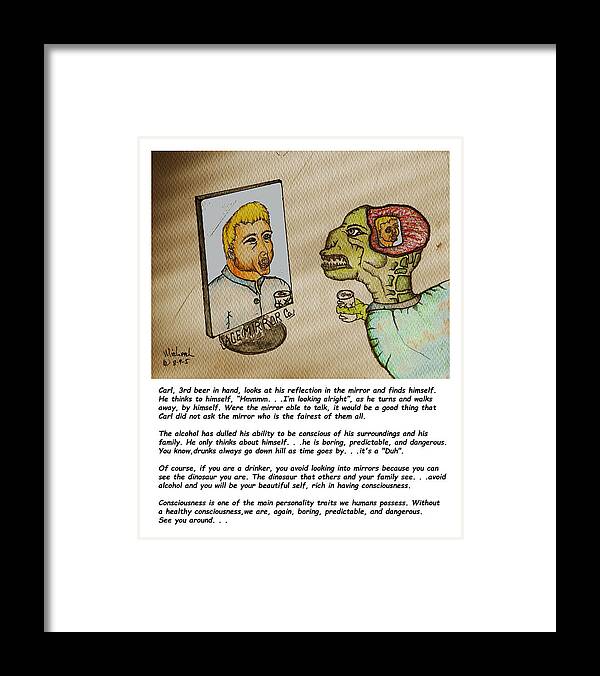 Dinosaur Framed Print featuring the painting Beer drinker in the Mirror by Michael Shone SR