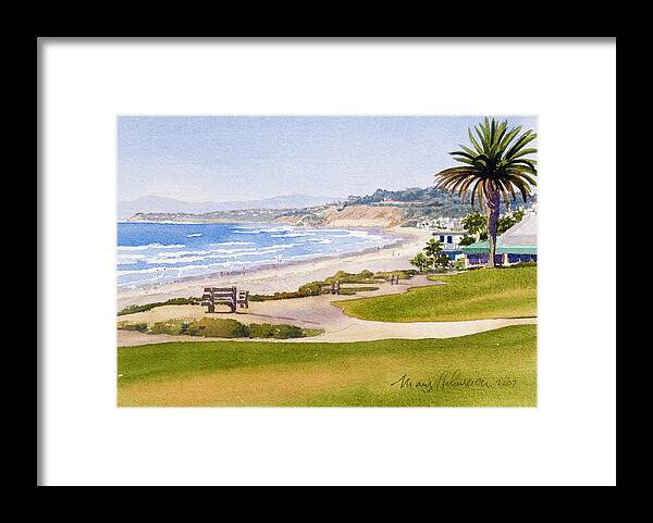 Pacific Framed Print featuring the painting Bench at Powerhouse Beach Del Mar by Mary Helmreich