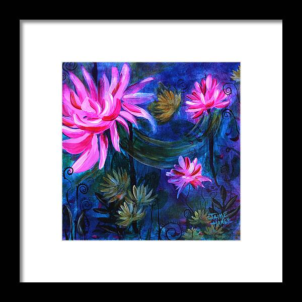 Pink Lotus Flower Framed Print featuring the painting Beneath Dark Lotus Waters by Jaime Haney