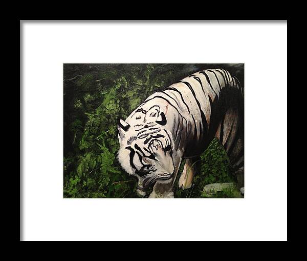 White Tiger Framed Print featuring the painting Bengal's White Tiger by Brindha Naveen