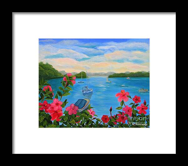 Art Framed Print featuring the painting Bermuda Hibiscus - Bermuda Seascape with Boats and Hibiscus by Shelia Kempf