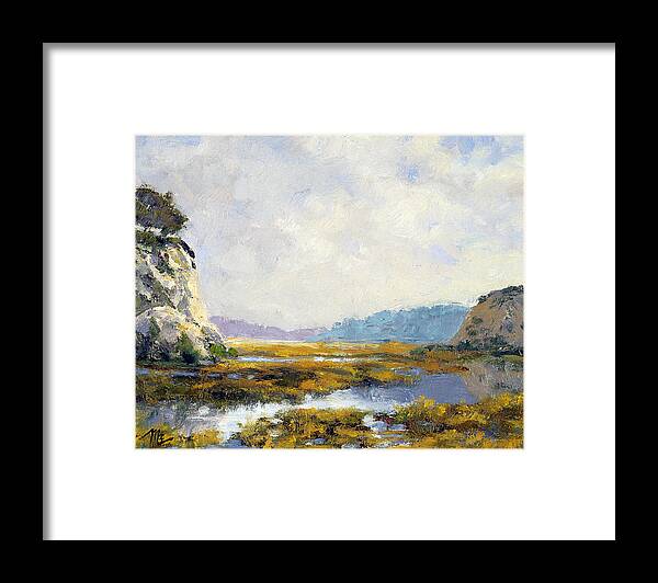 Sky Framed Print featuring the painting Between the Cliffs by Mark Lunde