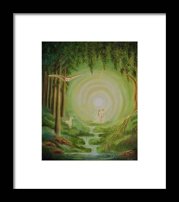 Landscape Framed Print featuring the painting Between the Worlds by Bernadette Wulf
