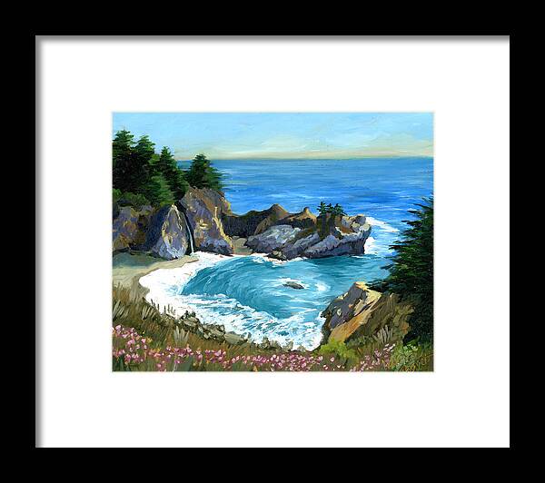 Seascape Framed Print featuring the painting Big Sur Waterfall by Alice Leggett