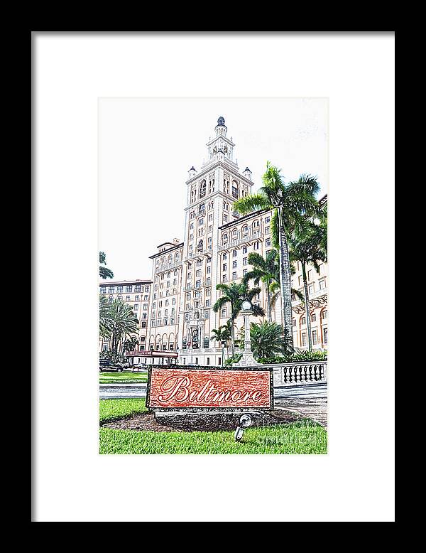 Biltmore Framed Print featuring the digital art Biltmore Hotel Facade and Sign Coral Gables Miami Florida Colored Pencil Digital Art by Shawn O'Brien