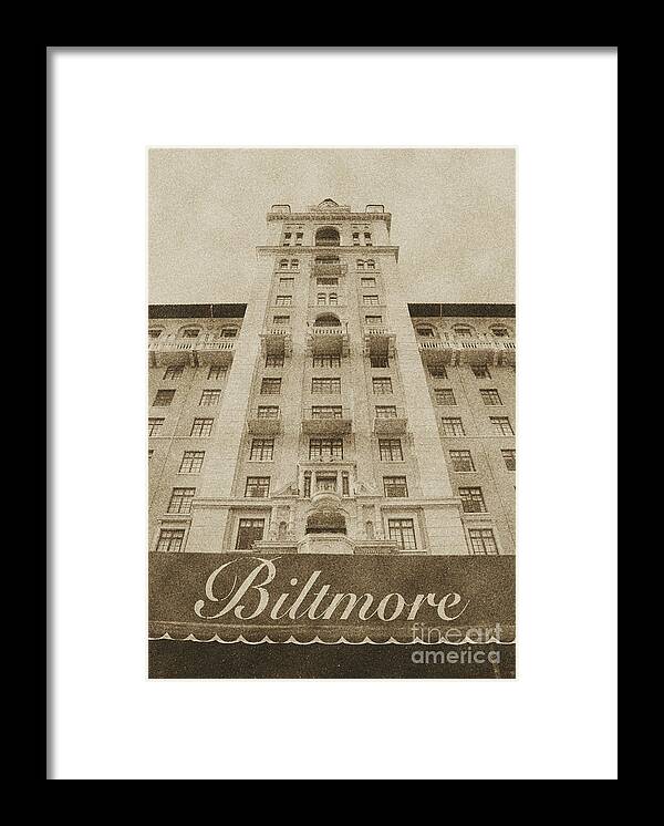 Biltmore Framed Print featuring the digital art Biltmore Hotel Miami Coral Gables Florida Exterior Awning and Tower Vintage Digital Art by Shawn O'Brien